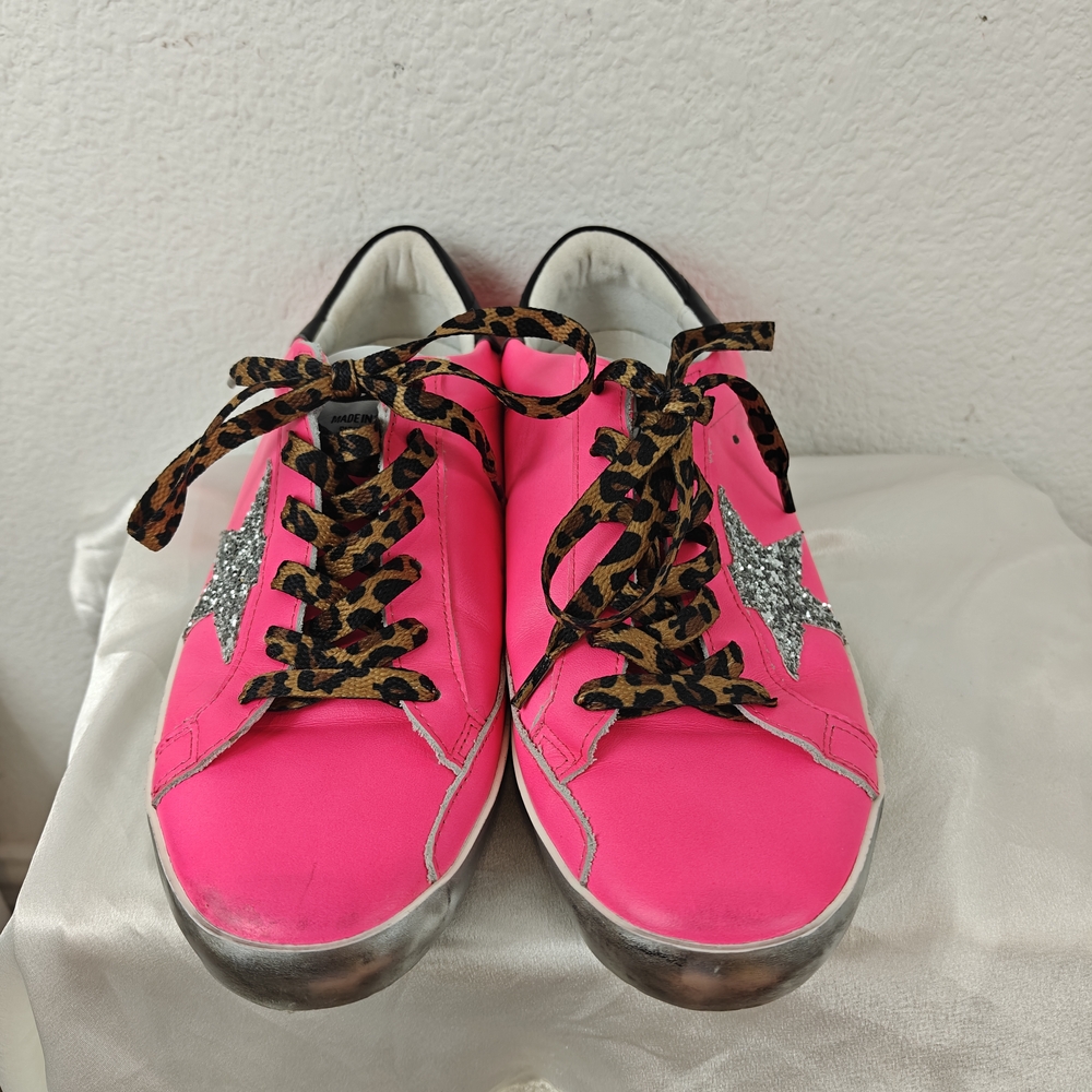 Golden Goose Super-Star Neon Pink Glitter Star Sneakers Sz 40 (9-9.5) Leopard - Picture 7 of 16